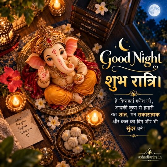 Ganesh Ji Good Night image with Lord Ganesha, शुभ रात्रि wishes, glowing diyas, modak, full moon and positive night blessings