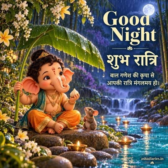 Bal Ganesh Good Night image with moonlit rain, flowers, glowing diyas and शुभ रात्रि wishes