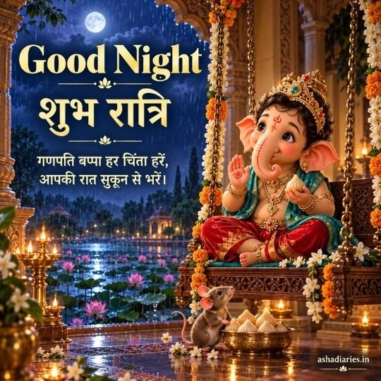 Bal Ganesh Good Night image on temple swing with शुभ रात्रि wishes and moonlit lotus pond
