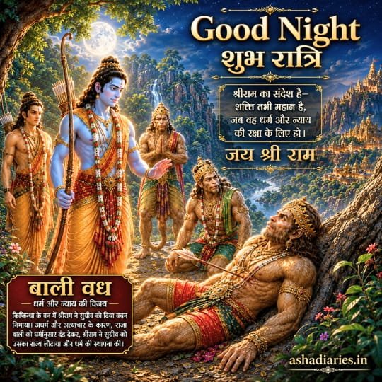 Bali Vadh Ramayana good night image with Shri Ram, Lakshman, Hanuman and Sugriva featuring Hindi शुभ रात्रि and Jai Shri Ram message