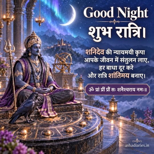 Shani Dev Good Night image with Shubh Ratri wishes, Shani mantra, crescent moon, crow and celestial temple background