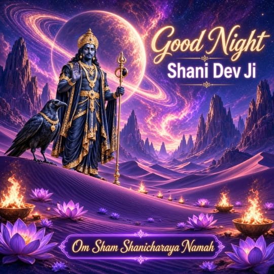 Shani Dev Good Night image with crow, Shani mantra, cosmic Saturn background, purple lotus flowers and devotional blessings