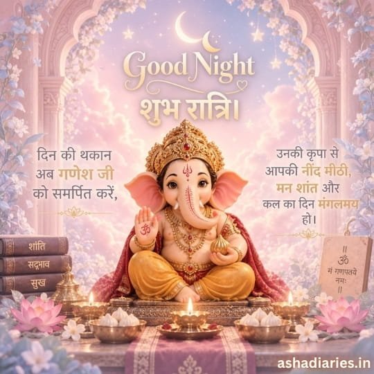Ganesh Ji Good Night image with Lord Ganesha, शुभ रात्रि wishes, glowing diyas, lotus flowers and peaceful night blessings
