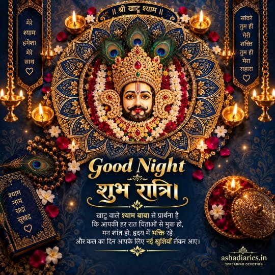 Khatu Shyam Baba Good Night image with शुभ रात्रि prayer, peacock feathers, glowing diyas, flowers and devotional blessings