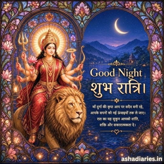 Maa Durga with lion under crescent moon featuring Good Night and Shubh Ratri devotional wishes