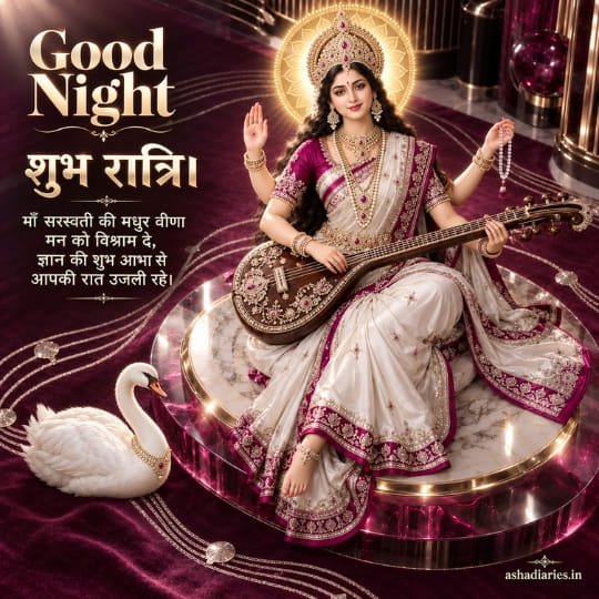 Maa Saraswati Good Night image with Veena, swan and शुभ रात्रि devotional message