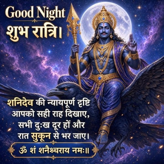 Shani Dev Good Night image with Shubh Ratri wishes, Shani mantra, full moon and Shani Dev riding a crow