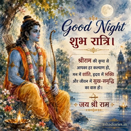 Shri Ram good night image with moonlit river, bow and arrow, devotional Hindi blessing and Jai Shri Ram message
