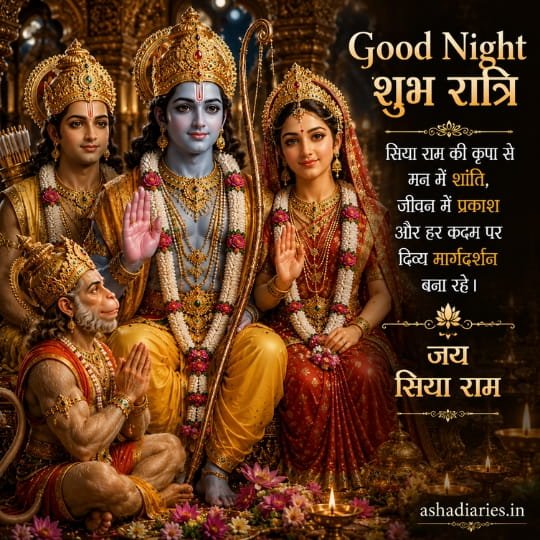 Sita Ram Good Night image with Lakshman and Hanuman Ji in divine Ram Darbar with Jai Siya Ram blessings