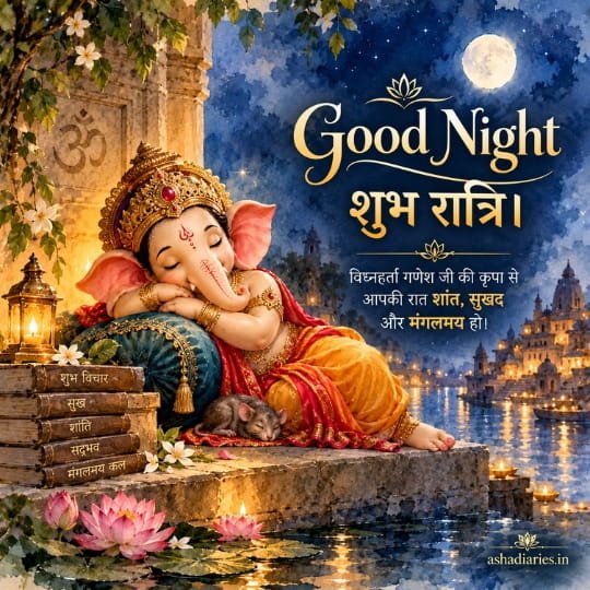 Ganesh Ji Good Night image with sleeping Bal Ganesh, शुभ रात्रि wishes, moonlit river, glowing diyas and peaceful blessings