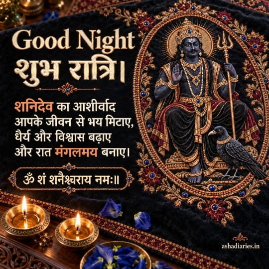 Shani Dev Good Night image with Shubh Ratri wishes, Shani mantra, crow, embroidered devotional artwork and glowing diyas