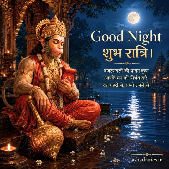 Hanuman Ji Good Night image with Ram Naam book, full moon and शुभ रात्रि wishes