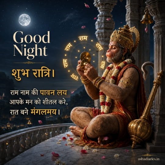 Hanuman Ji Good Night image with Ram Naam chanting and शुभ रात्रि devotional message