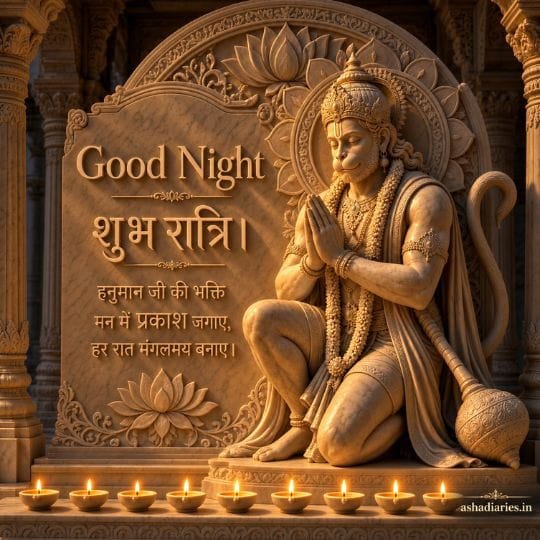 Hanuman Ji Good Night image with folded hands, glowing diyas and शुभ रात्रि devotional message
