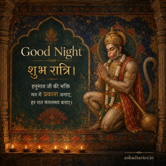 Hanuman Ji Good Night image in traditional fresco art with folded hands and शुभ रात्रि devotional blessing