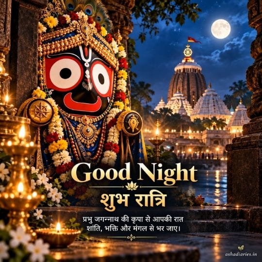 Lord Jagannath Balabhadra and Subhadra Good Night image with शुभ रात्रि blessings and glowing temple diyas