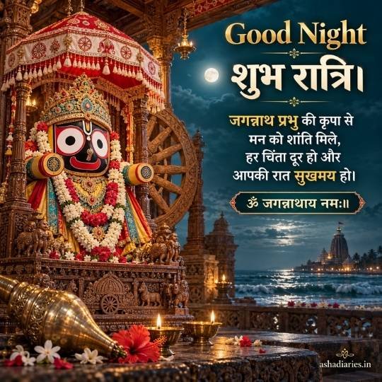 Lord Jagannath idol with floral garlands, golden crown and ornate canopy, Good Night Shubh Ratri blessing with Puri temple seascape, moon and oil lamps