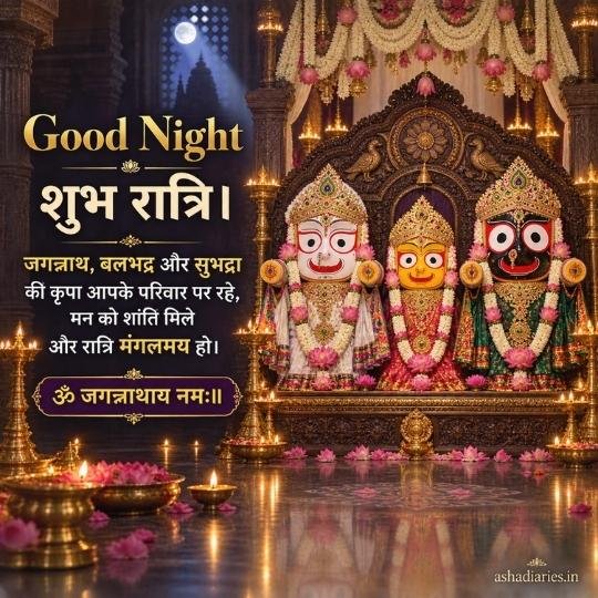 Lord Jagannath Balabhadra and Subhadra idols on ornate golden throne with flower garlands and oil lamps wishing Good Night Shubh Ratri family blessing