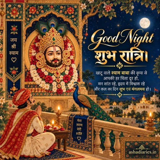 Khatu Shyam Baba Good Night image with praying devotee, peacock, full moon, temple lights and शुभ रात्रि blessing message