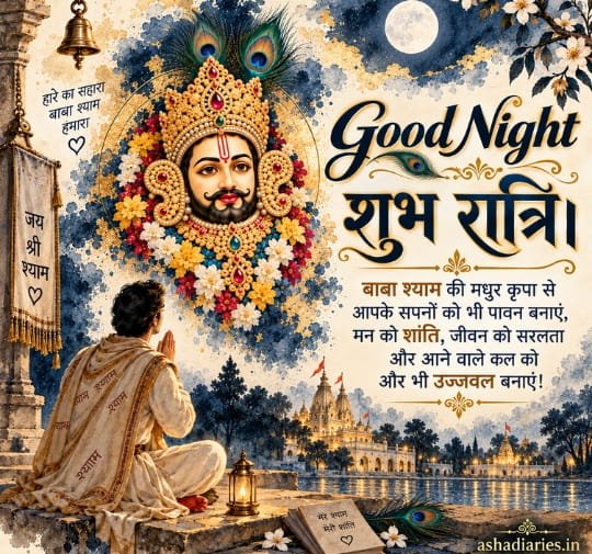 Khatu Shyam Baba Good Night image with शुभ रात्रि blessing, devotee, peacock feathers, full moon and peaceful temple scene