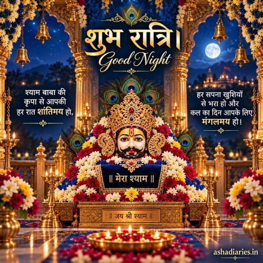 Khatu Shyam Baba Good Night image with शुभ रात्रि wishes, glowing diyas, temple bells, flowers, peacock feathers and moonlit temple background