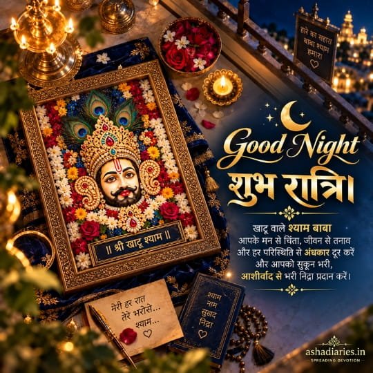 Khatu Shyam Baba Good Night image with framed portrait, glowing diya, flowers, crescent moon and शुभ रात्रि blessing message