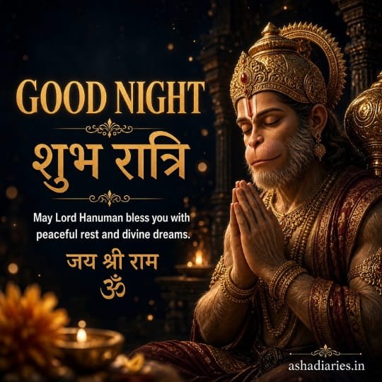 Hanuman Ji Good Night image with folded hands, Jai Shri Ram and peaceful night blessings