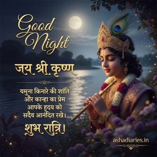 Krishna Good Night image with Jai Shri Krishna wishes, flute, peacock feather, moonlit Yamuna river and Hindi Shubh Ratri message
