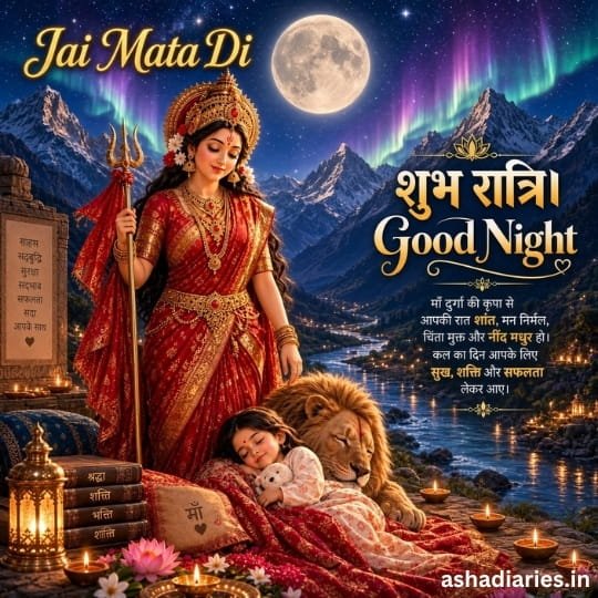 Maa Durga Good Night image with Jai Mata Di message, moonlit Himalayas, lion, sleeping child and divine blessings