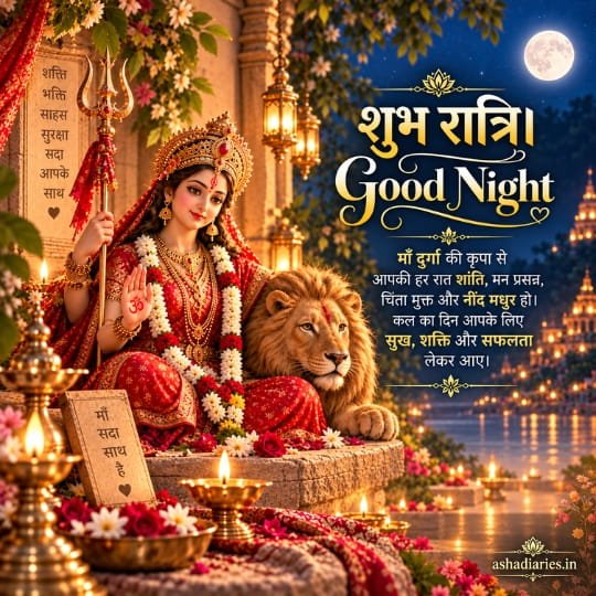 Maa Durga with lion and trishul under full moon featuring Shubh Ratri Good Night wishes