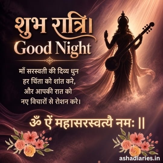 Maa Saraswati Shubh Ratri image with Veena, divine silhouette and Saraswati mantra