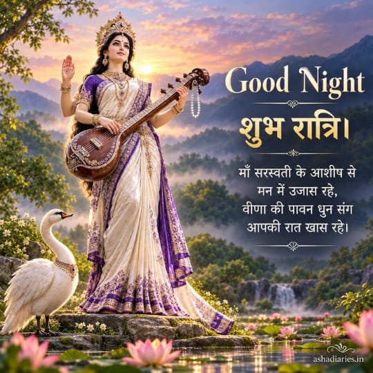 Maa Saraswati Good Night image with Veena, swan and peaceful nature background