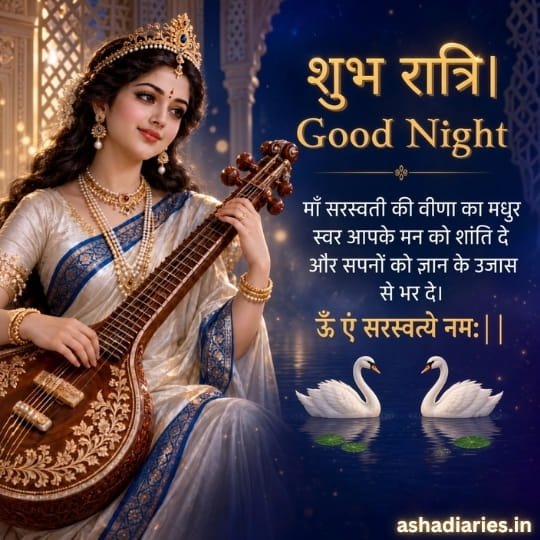 Maa Saraswati Good Night image with Veena, swans and शुभ रात्रि message