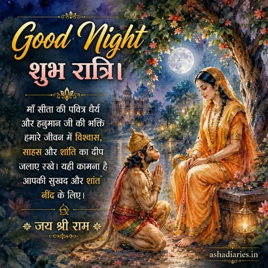 Mata Sita and Hanuman Ji Good Night image under moonlight with Jai Shri Ram devotional blessings