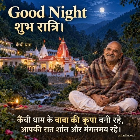 Neem Karoli Baba Good Night image with Baba seated peacefully by a glowing lamp and Hindi शुभ रात्रि message for divine blessings and sweet dreams