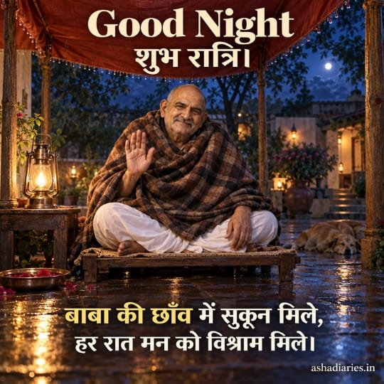 Neem Karoli Baba Good Night image with Baba giving blessings under a canopy, glowing lantern and Hindi शुभ रात्रि message for peace and comfort