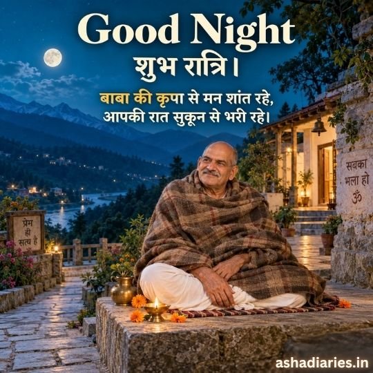 Neem Karoli Baba Good Night image with Baba seated in a peaceful Himalayan setting, full moon, glowing diya and Hindi शुभ रात्रि blessings