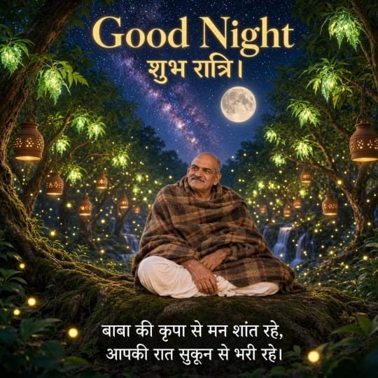 Neem Karoli Baba Good Night image with Baba in a moonlit forest, glowing lanterns and Hindi शुभ रात्रि message for peace and blessings