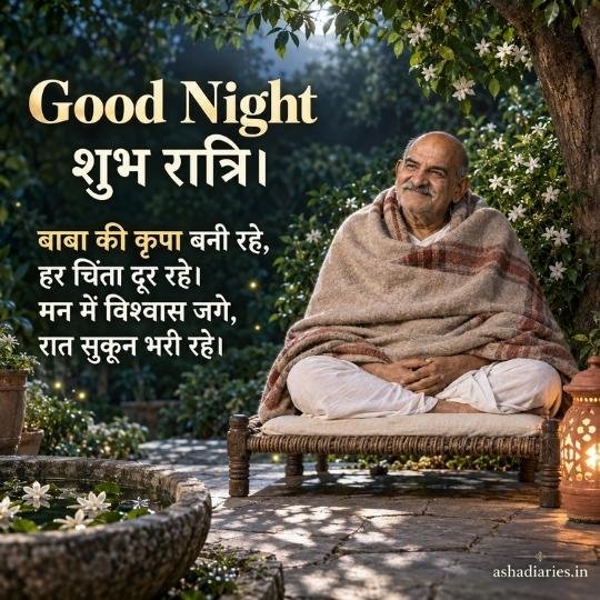 Neem Karoli Baba Good Night image with Baba seated under a flowering tree and Hindi शुभ रात्रि message for peace, faith and blessings