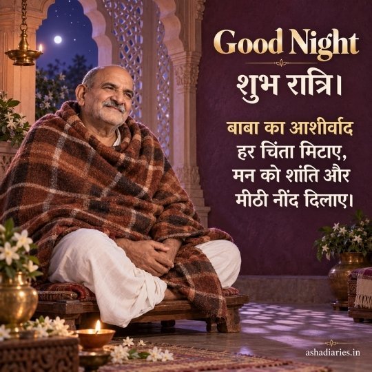 Neem Karoli Baba Good Night image with Baba seated in a peaceful temple setting, glowing diya and Hindi शुभ रात्रि blessings for restful sleep
