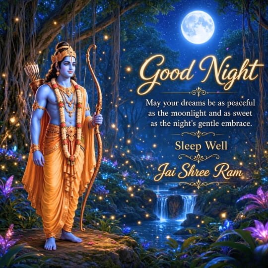 Shri Ram good night image in moonlit forest with bow, peaceful waterfall, glowing fireflies and Jai Shree Ram wishes
