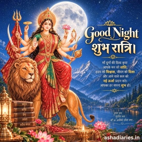 Maa Durga with lion under full moon featuring Good Night and Shubh Ratri devotional blessings