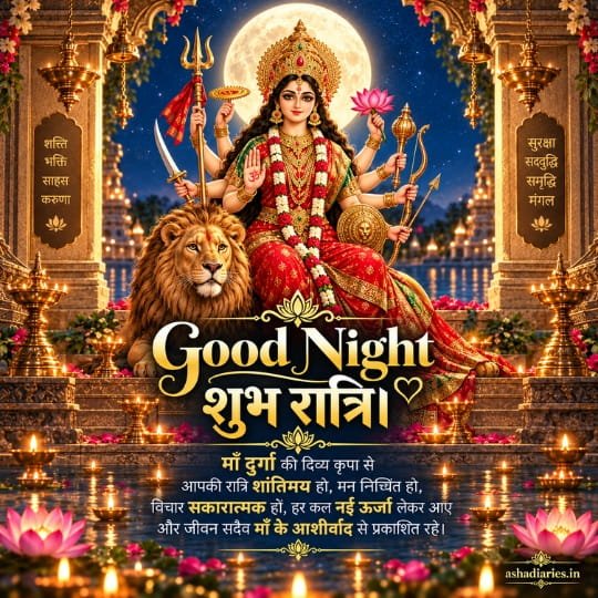 Maa Durga Good Night image with lion, full moon, glowing diyas, lotus flowers and शुभ रात्रि blessings for peace and positivity