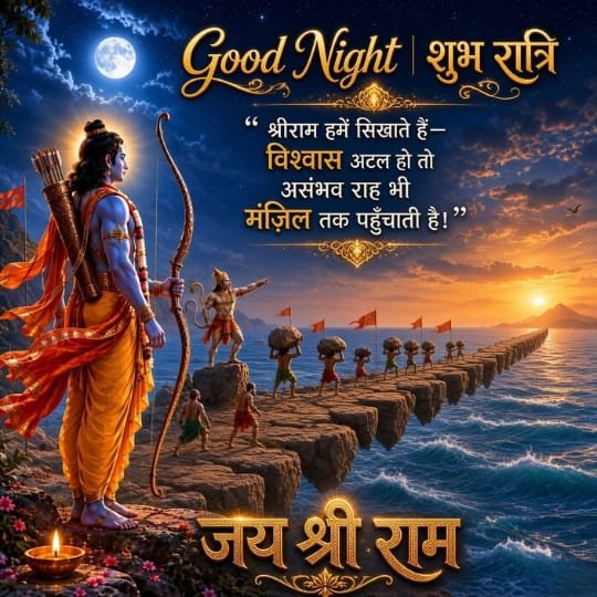 Shri Ram Setu good night image with Hanuman and Vanar Sena building the bridge, moonlit ocean and inspirational Hindi message