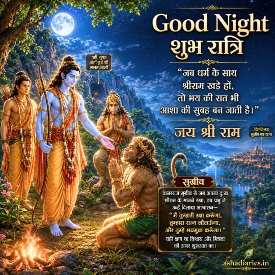 Shri Ram with Lakshman Hanuman and Sugriva good night image featuring Ramayana scene, moonlit landscape and Jai Shri Ram message