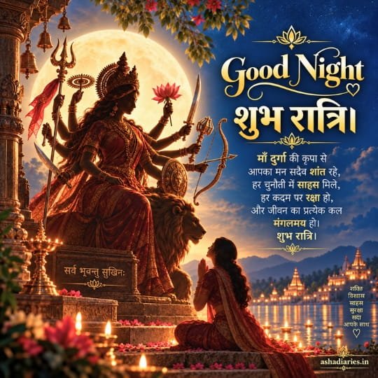 Maa Durga with lion under full moon receiving prayers featuring Good Night and Shubh Ratri wishes