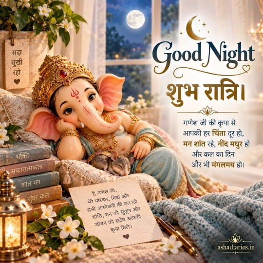 Ganesh Ji Good Night image with बाल गणेश, शुभ रात्रि wishes, full moon, glowing lantern and peaceful night blessings