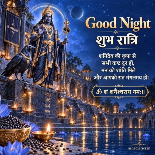 Shani Dev Good Night image with Shubh Ratri wishes, Shani mantra, crow, moonlit temple and glowing diyas