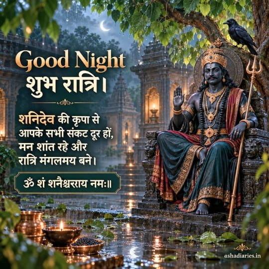 Shani Dev Good Night image with Hindi शुभ रात्रि wishes, Shani mantra, temple background, diya lights and devotional blessings