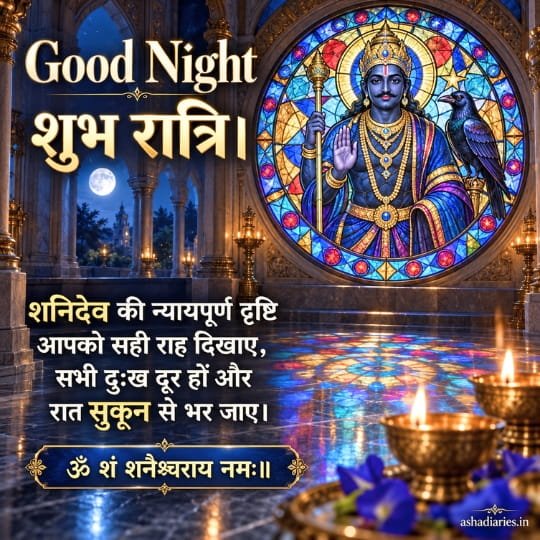 Shani Dev Good Night image with Shubh Ratri wishes, Shani mantra, stained glass temple artwork and glowing diyas